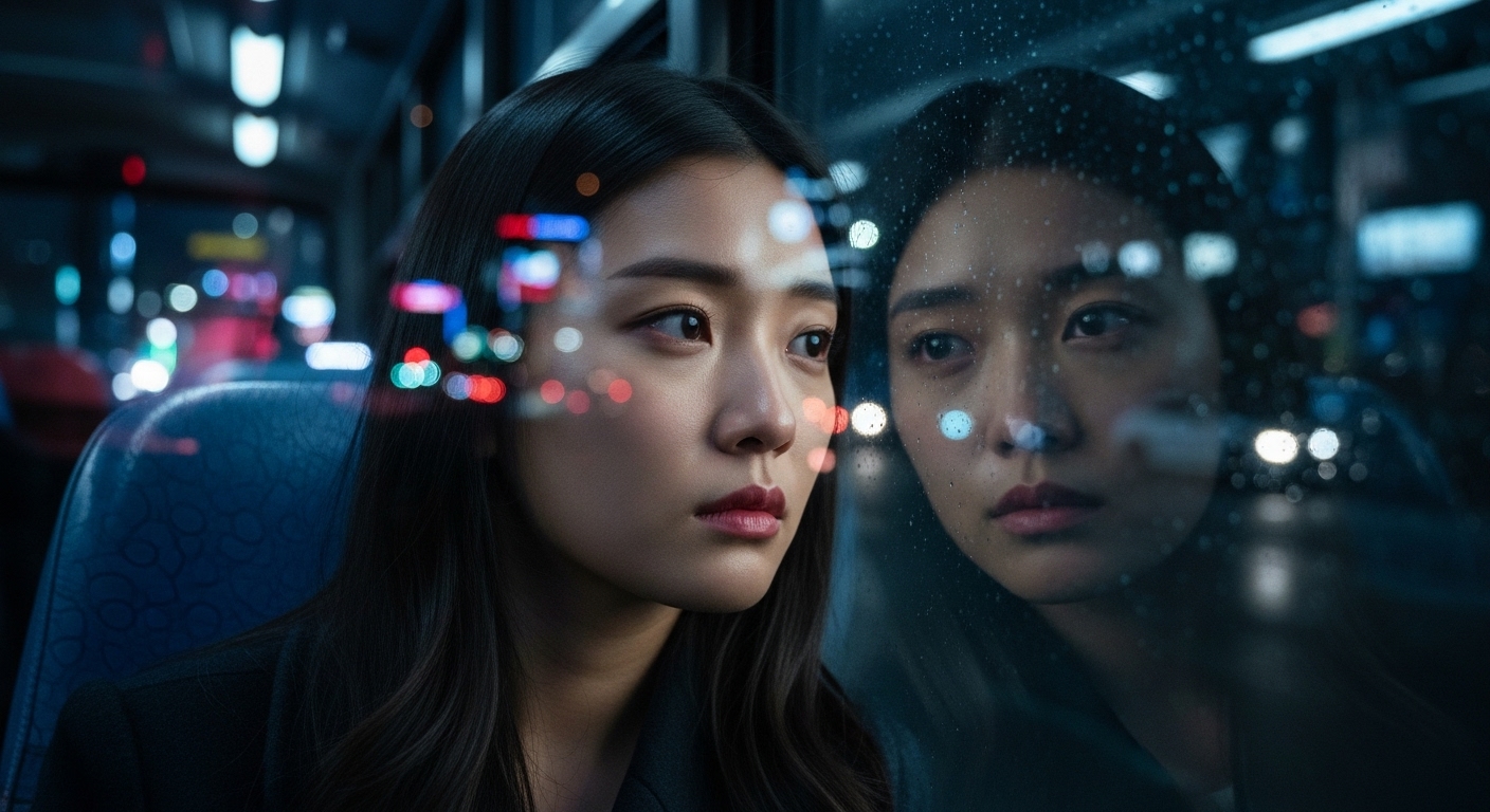 버스 창문 너머로 자신의 모습을 바라보며 짝사랑의 복잡함을 느끼는 젊은 여성