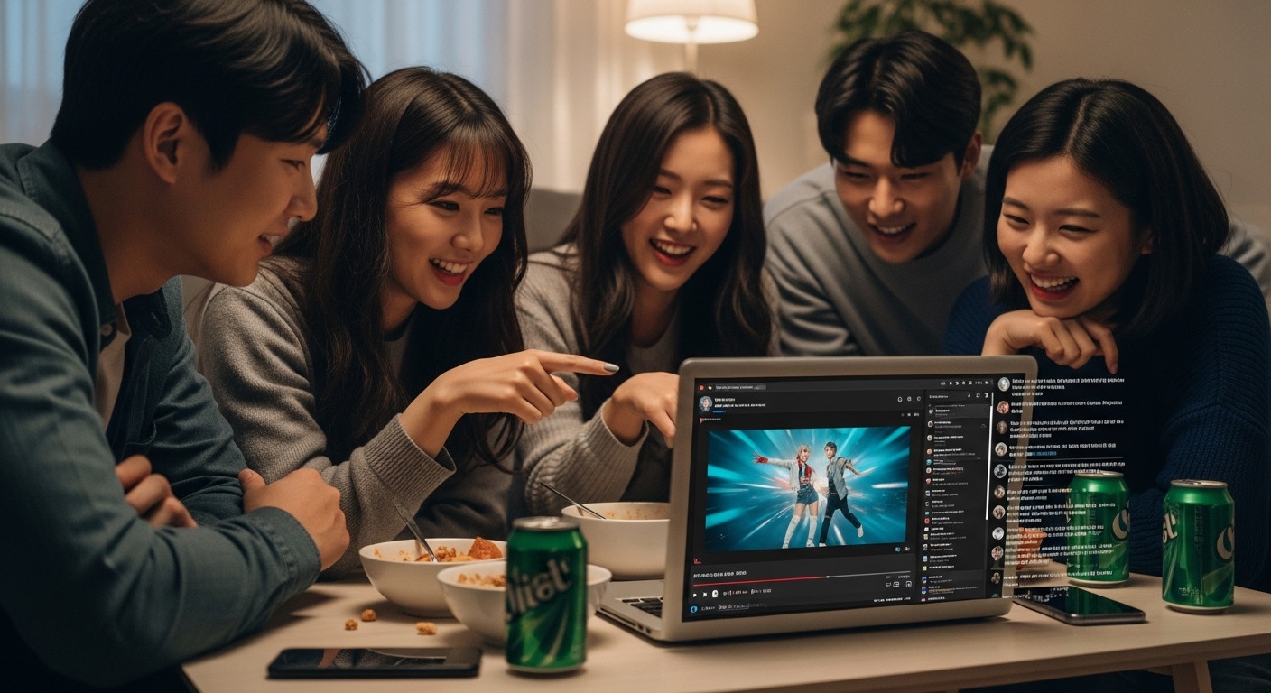 친구들이 집에서 소셜 미디어를 통해 인기 있는 뮤직 비디오 해석 영상을 시청하는 장면