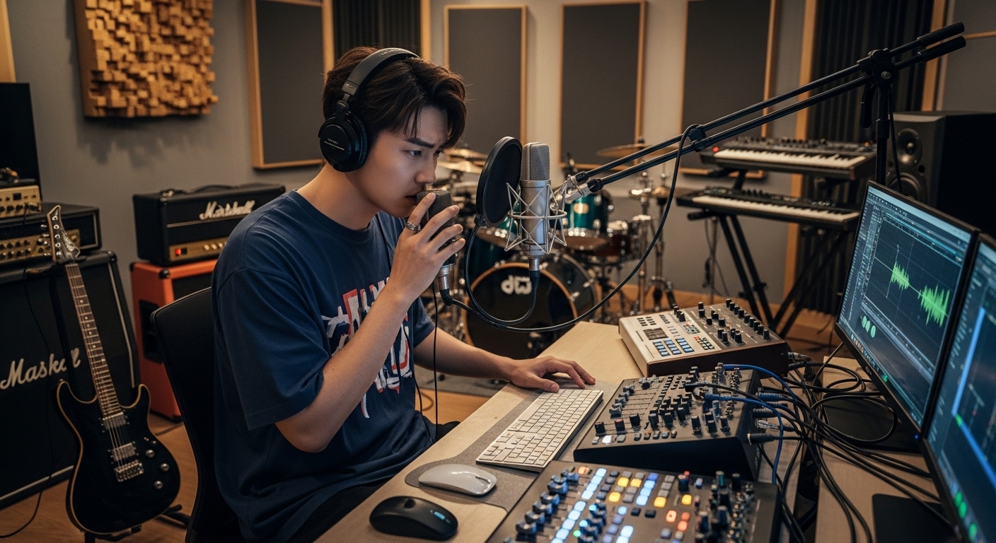 어린 음악가가 최신 스튜디오에서 녹음하는 모습