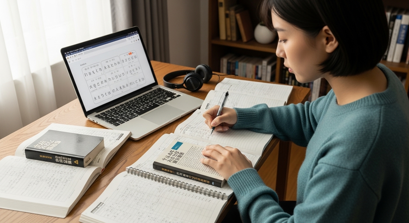 책상에서 일본어 발음을 공부하는 학생의 모습