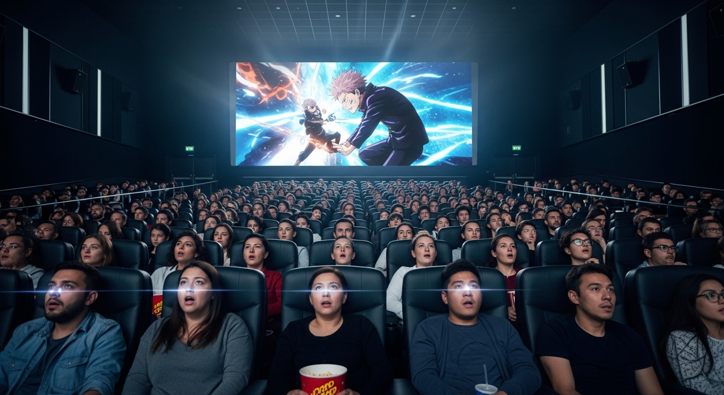 많은 관객들이 큰 화면에서 주술회전을 감상하고 있는 붐비는 영화관 홀 내부 모습