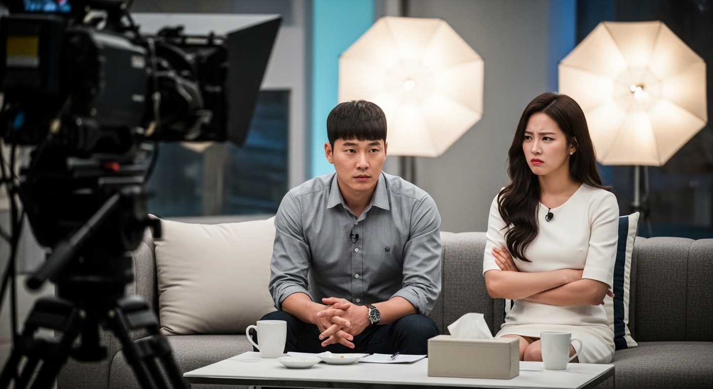 소파에 앉아 관계에 대해 이야기하는 한국 부부의 모습