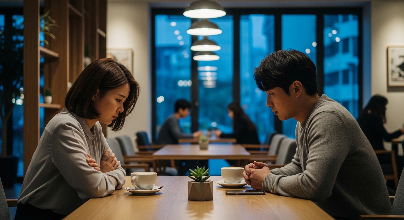 현대적인 카페에서 긴장된 대화를 나누는 한국 커플