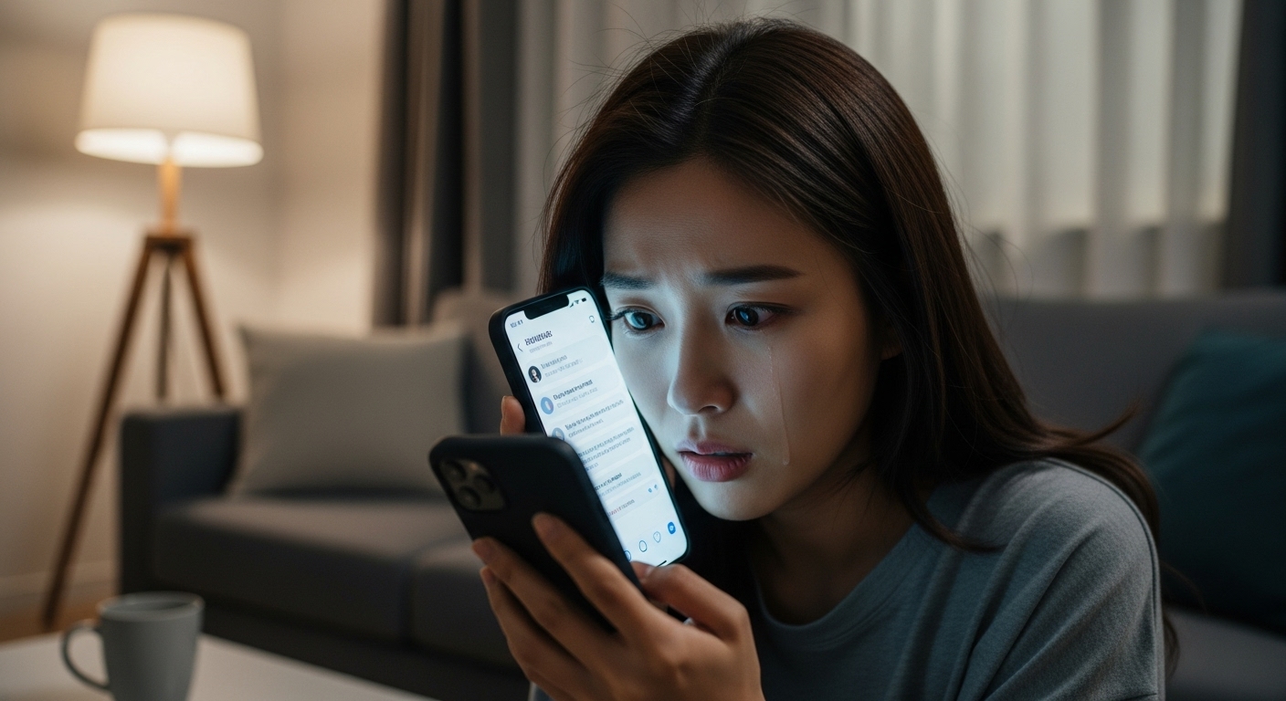 아파트 거실에서 휴대폰을 보며 놀라움과 슬픔을 느끼는 여성