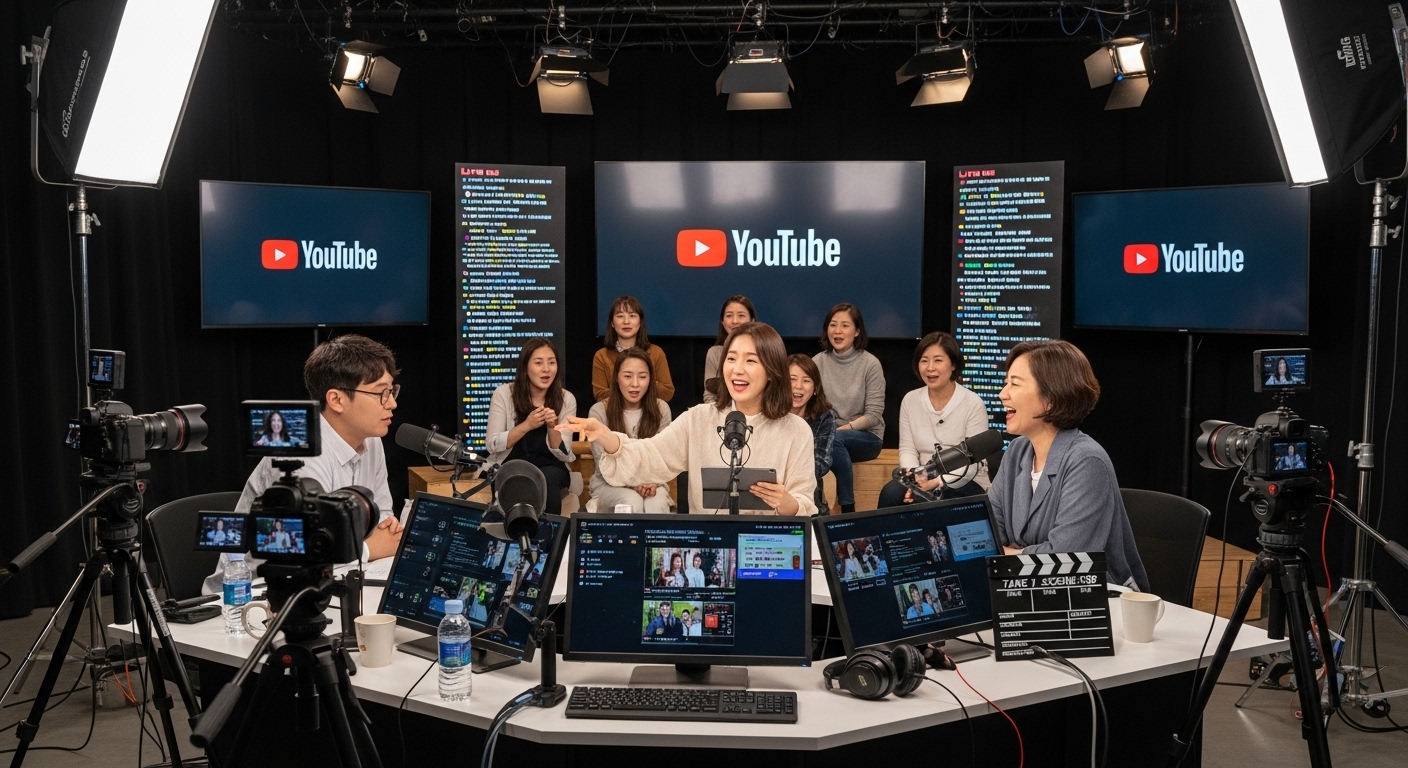 유튜브 라이브 스트림 세팅에서 프로그램 업데이트를 논의하는 한국 호스트와 참가자들