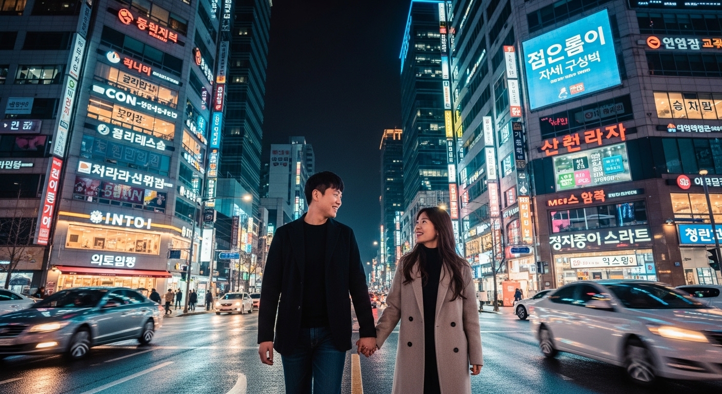 서울의 밤 풍경 속 네온사인과 함께 손을 잡고 걷는 커플의 낭만적인 장면