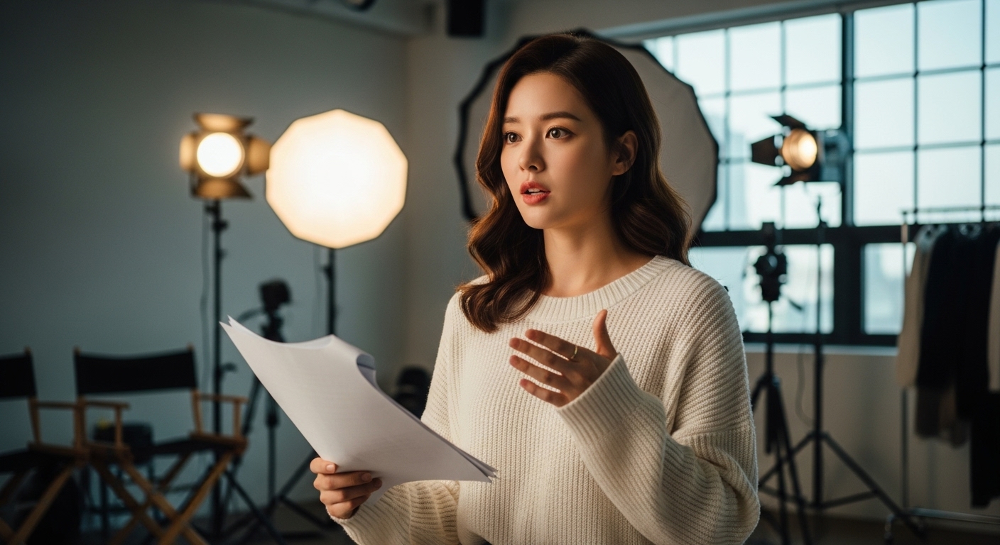 밝게 빛나는 스튜디오에서 대사를 연습하는 표현력 있는 젊은 여배우
