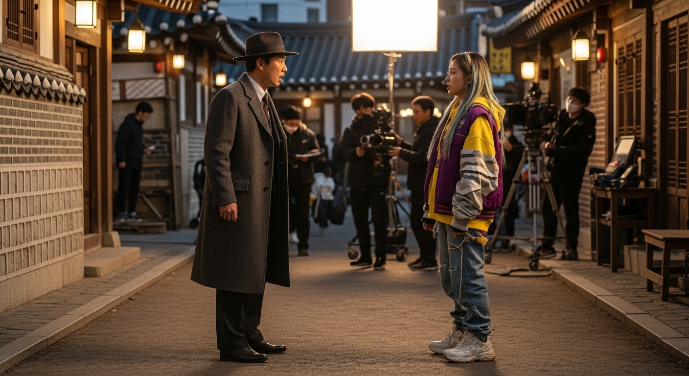 다른 시기의 의상을 입고 시간 여행 로맨스 드라마 세트장에서 촬영 중인 두 명의 한국 배우