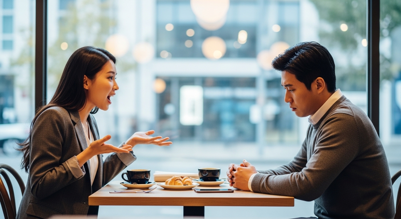 카페에서 한쪽이 대화를 주도하고 상대가 수동적인 모습의 커플