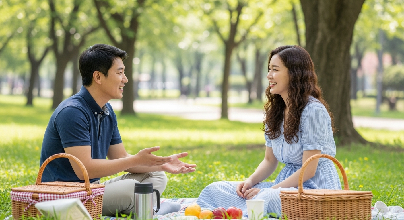 공원에서 소통하며 미래의 건강한 관계를 다지는 커플