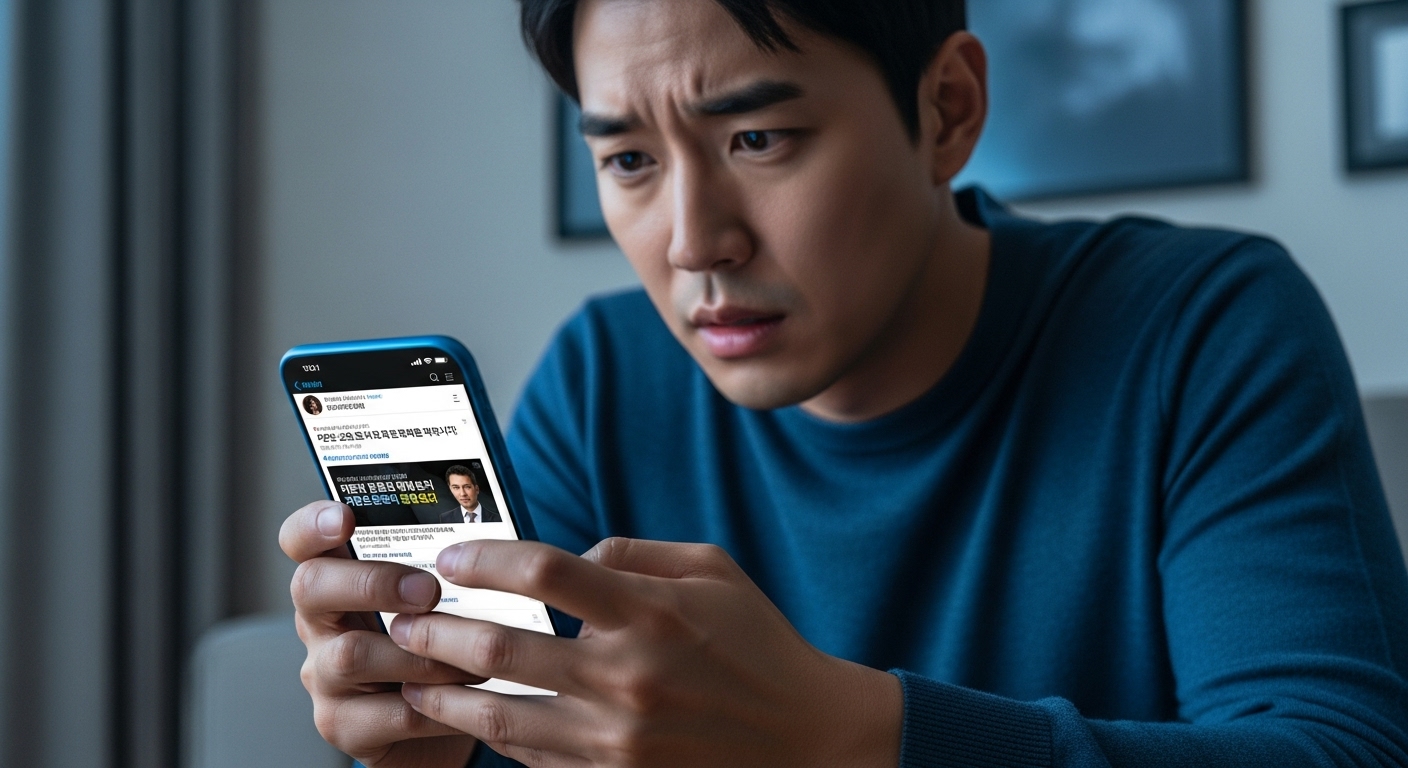 현대적인 남성이 어두운 방에서 스마트폰으로 논란이 된 글을 읽고 있는 모습