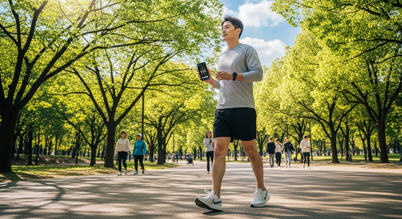 현대적인 한국 남성이 스마트폰으로 걸음 수를 기록하며 공원을 걷고 있는 모습