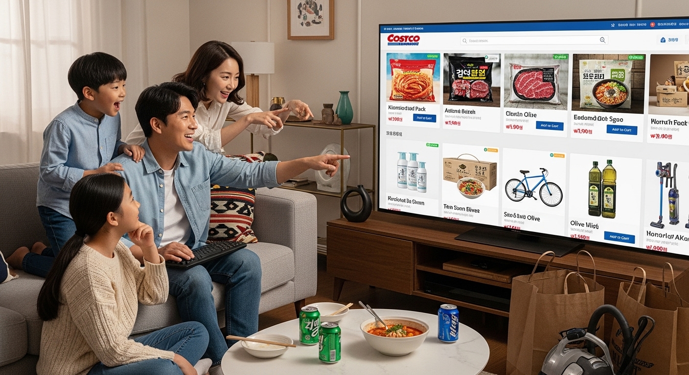 다양한 상품을 화면에 띄워놓고 코스트코 온라인몰을 즐기는 가족