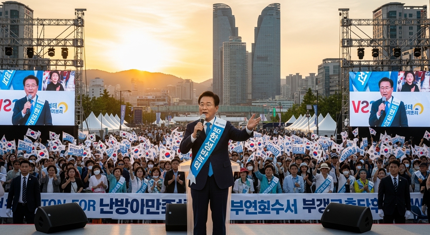 부산 시민들 앞에서 연설하는 현대적인 한국 정치인의 모습