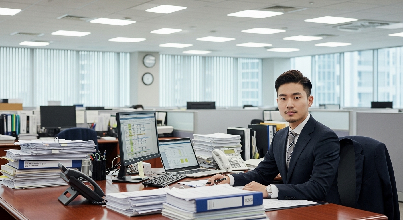 정부 사무실에서 보좌관으로 경력을 시작하는 젊은 한국 정치인의 모습
