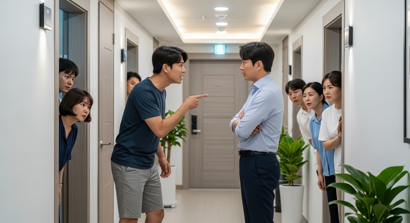 아파트 복도에서 층간소음을 두고 다투는 두 남자