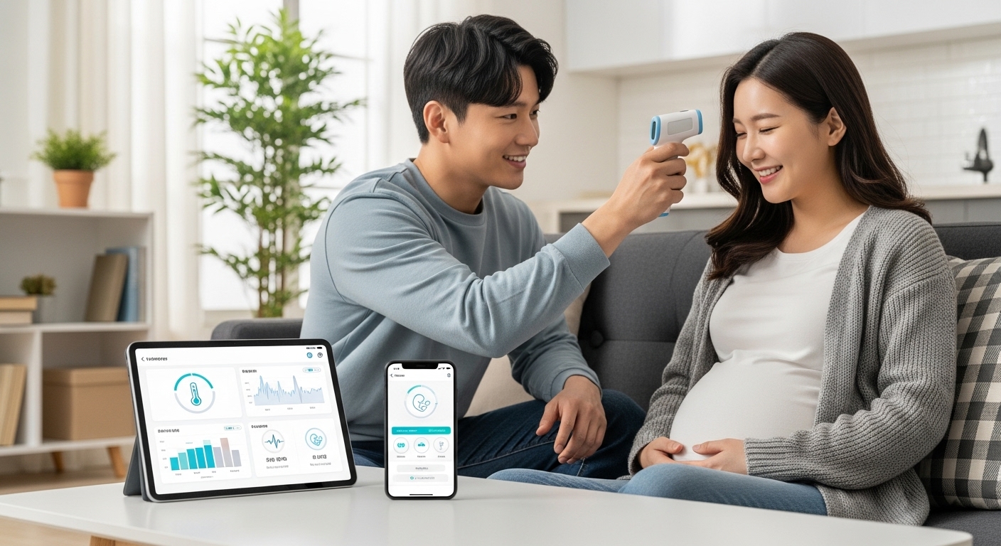 스마트 기술로 집에서 임신 건강을 모니터링하는 커플의 모습; 디지털 체온계와 앱 인터페이스가 보임