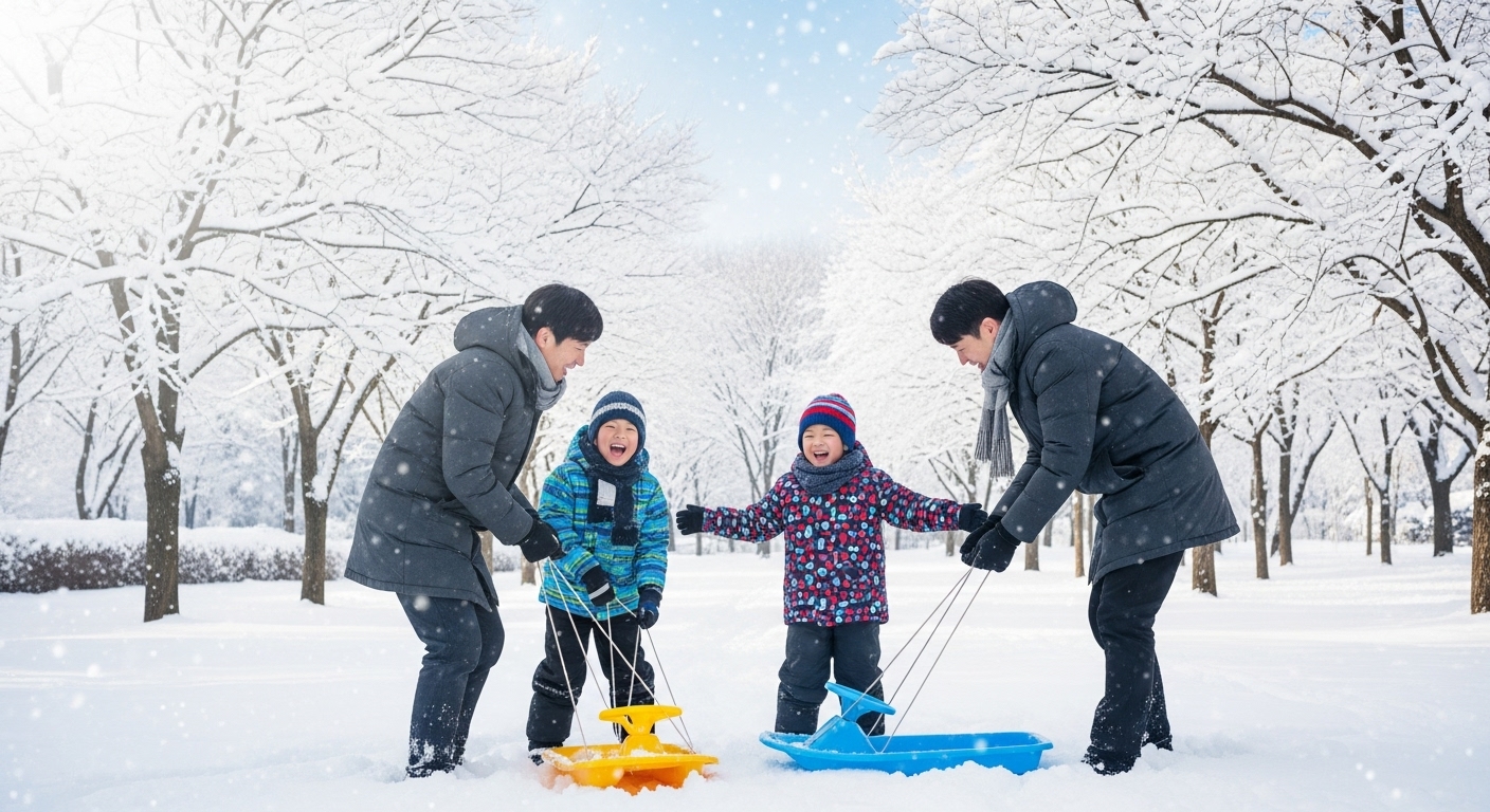 눈 덮인 공원에서 가족이 눈썰매를 준비하며 웃고 있는 장면