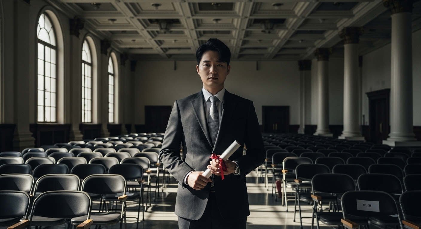 졸업식장에서 인증서를 들고 있는 정장 차림의 남성 변호사