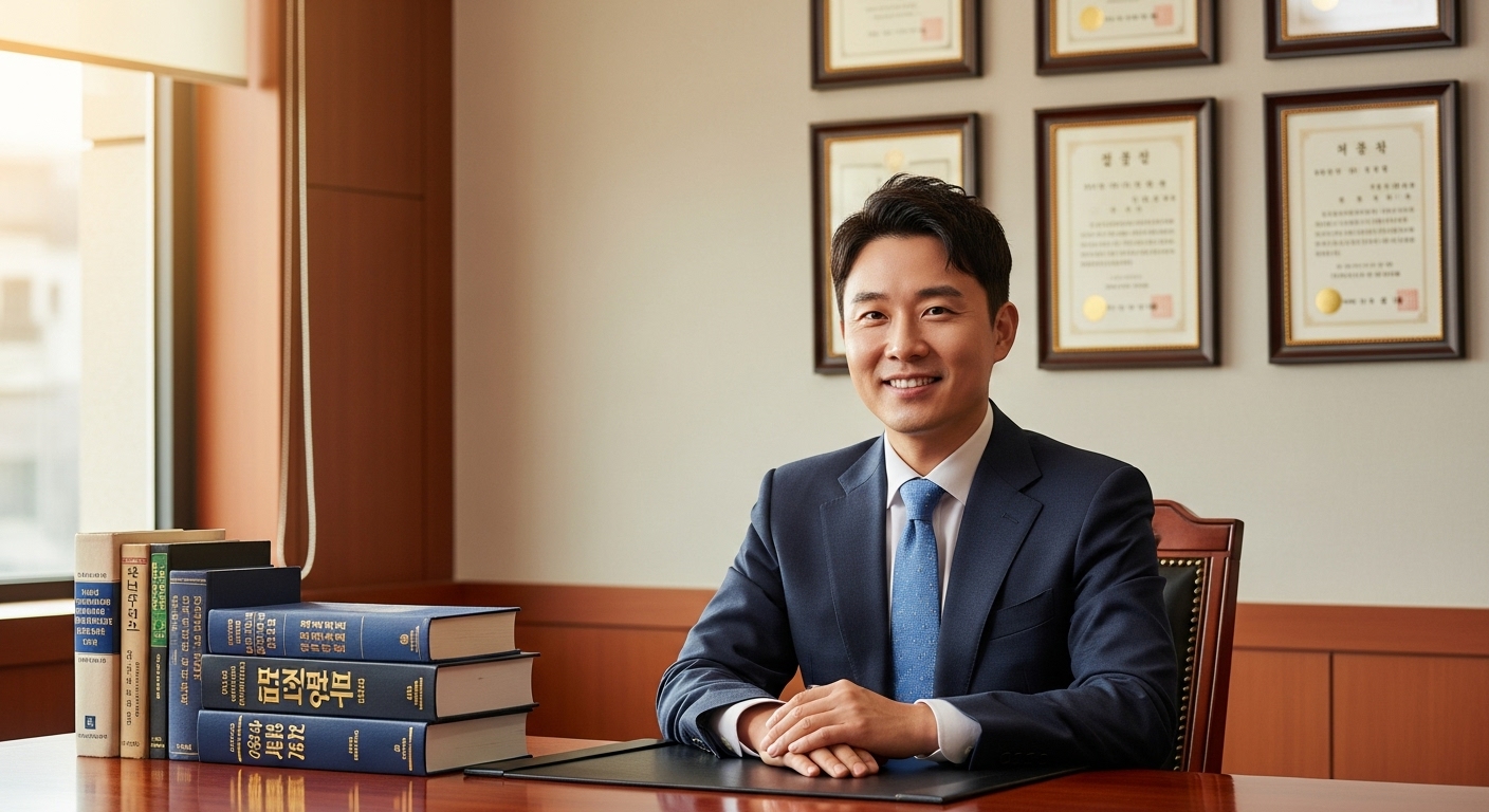 책상 위에 놓인 한국과 일본 법률 서적과 인증서들