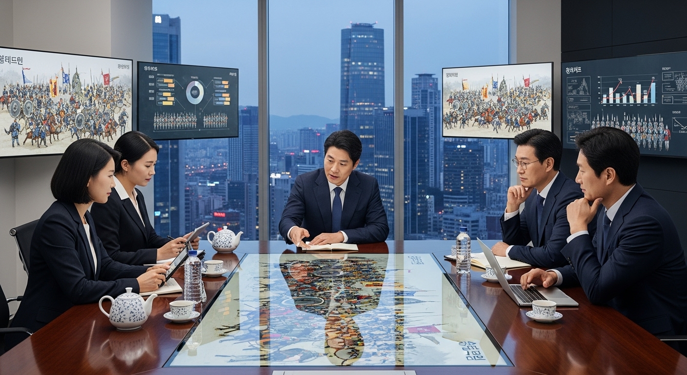 현대적인 회의실에서 고대 전략을 논의하는 비즈니스 미팅