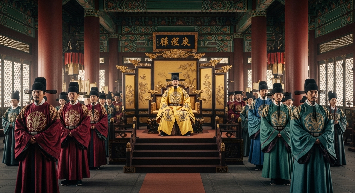 고대 중국 궁정을 배경으로 한 역사 재현 장면