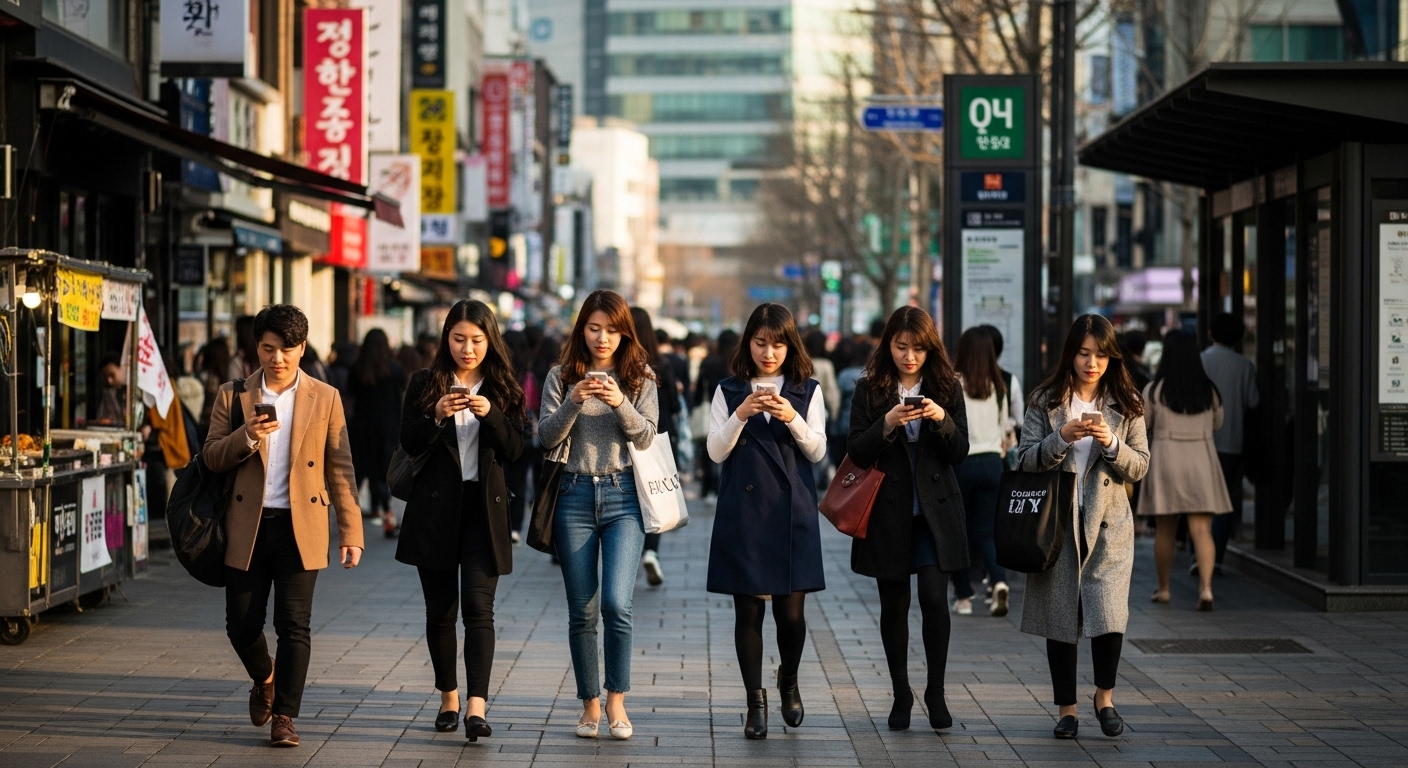 서울 도심에서 스마트폰을 이용해 전략 앱을 사용하는 젊은이들