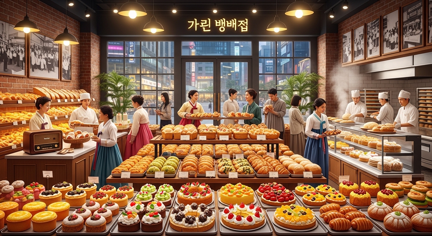 사람들이 다양한 빵과 페이스트리를 고르는 바쁜 한국 베이커리