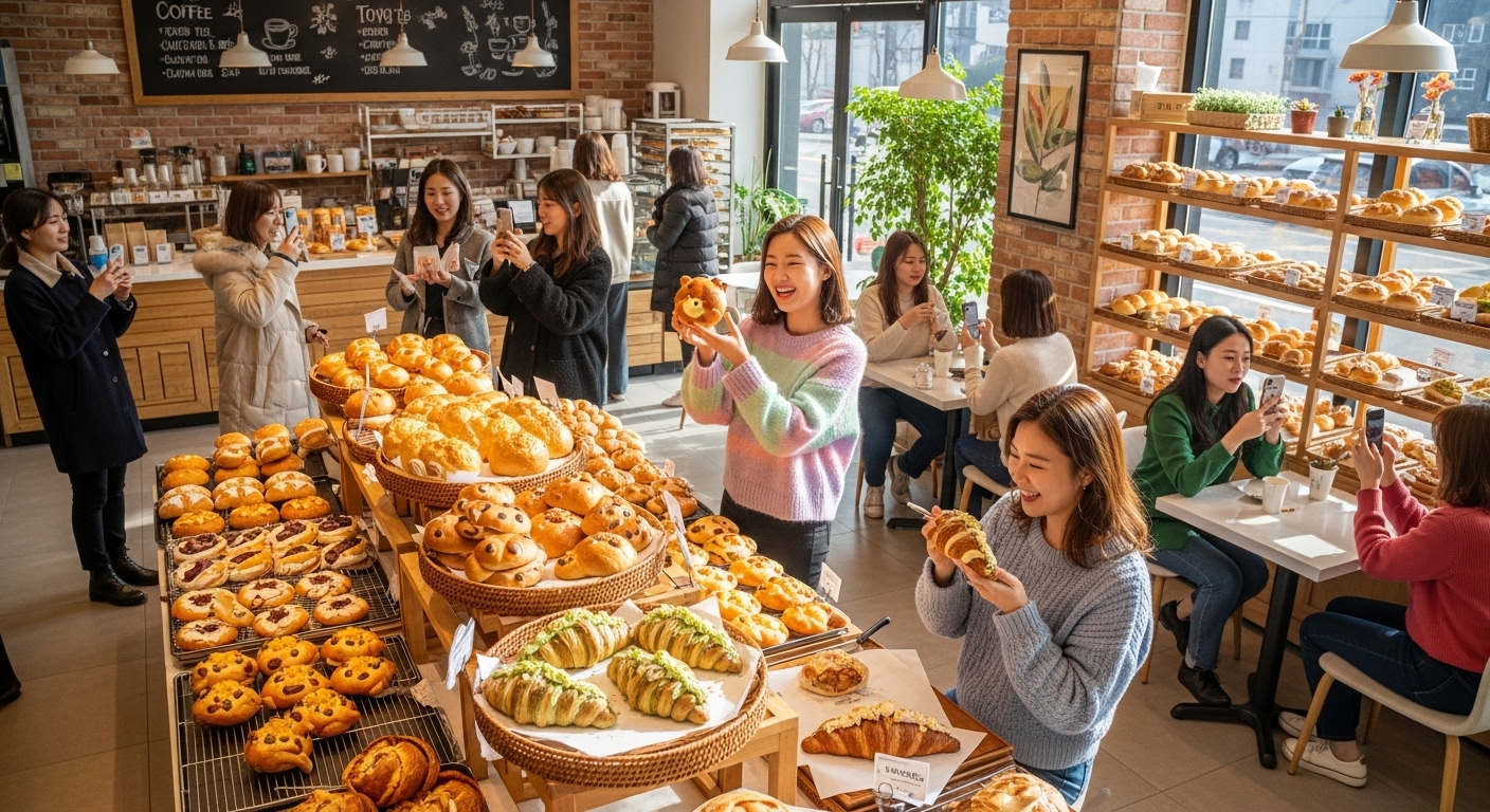토요빵과 화쏘브레드 같은 시각적으로 매력적인 빵들이 젊은 고객들의 관심을 끄는 한국 베이커리 장면