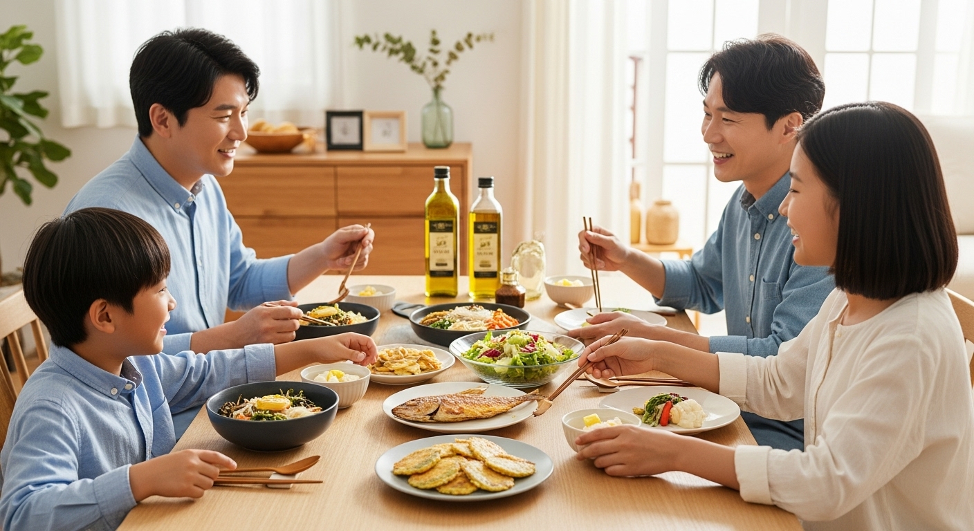 가족들이 건강하게 식사하는 모습과 함께 올리브오일을 활용한 요리가 포함된 장면