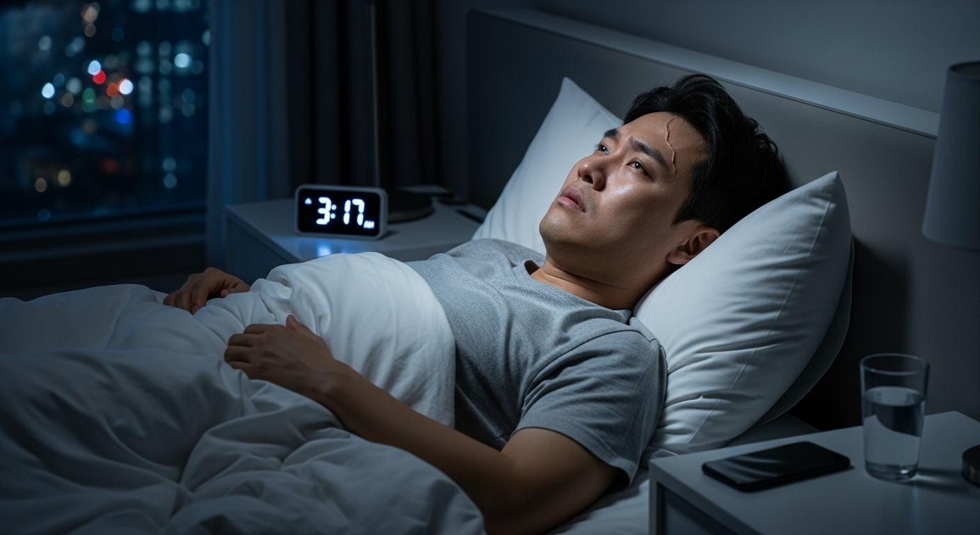 현대적인 아파트에서 피곤하고 스트레스를 받은 남성이 잠들지 못하고 있는 모습