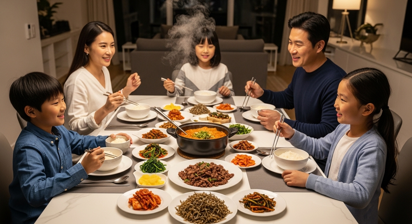 전형적인 한식 식탁에서 저녁을 먹고 있는 한국 가족의 모습