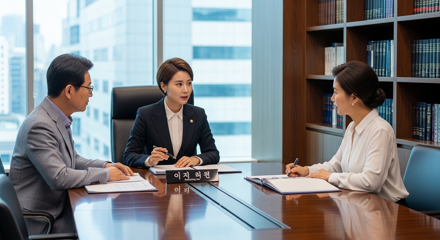 현대식 법률 사무실에서 무료 상담을 진행하는 한국 법률 상담사