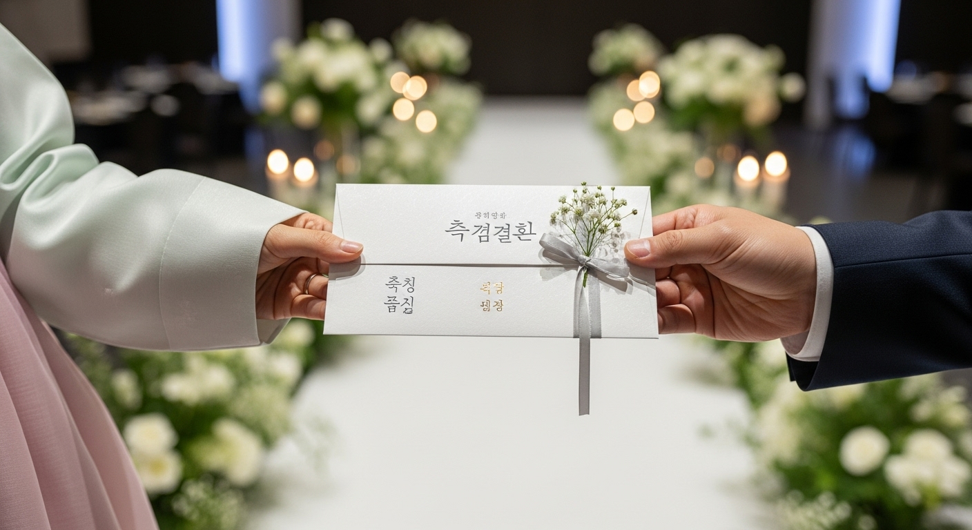 한글과 한자가 쓰인 세련된 하얀색 봉투를 든 현대적인 한국 결혼식 장면