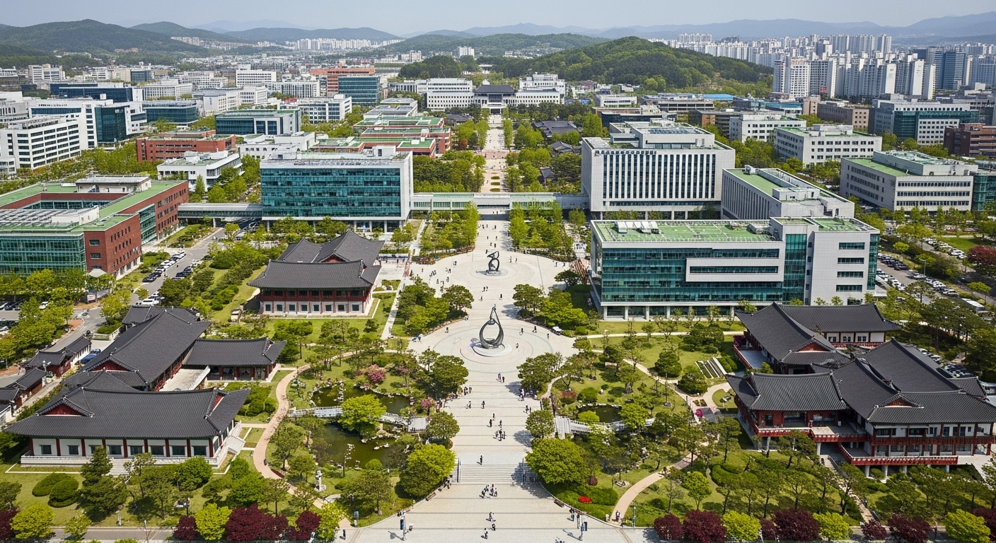 전북대와 같은 지방 대학교의 넓은 풍경과 전통 및 현대적 디자인