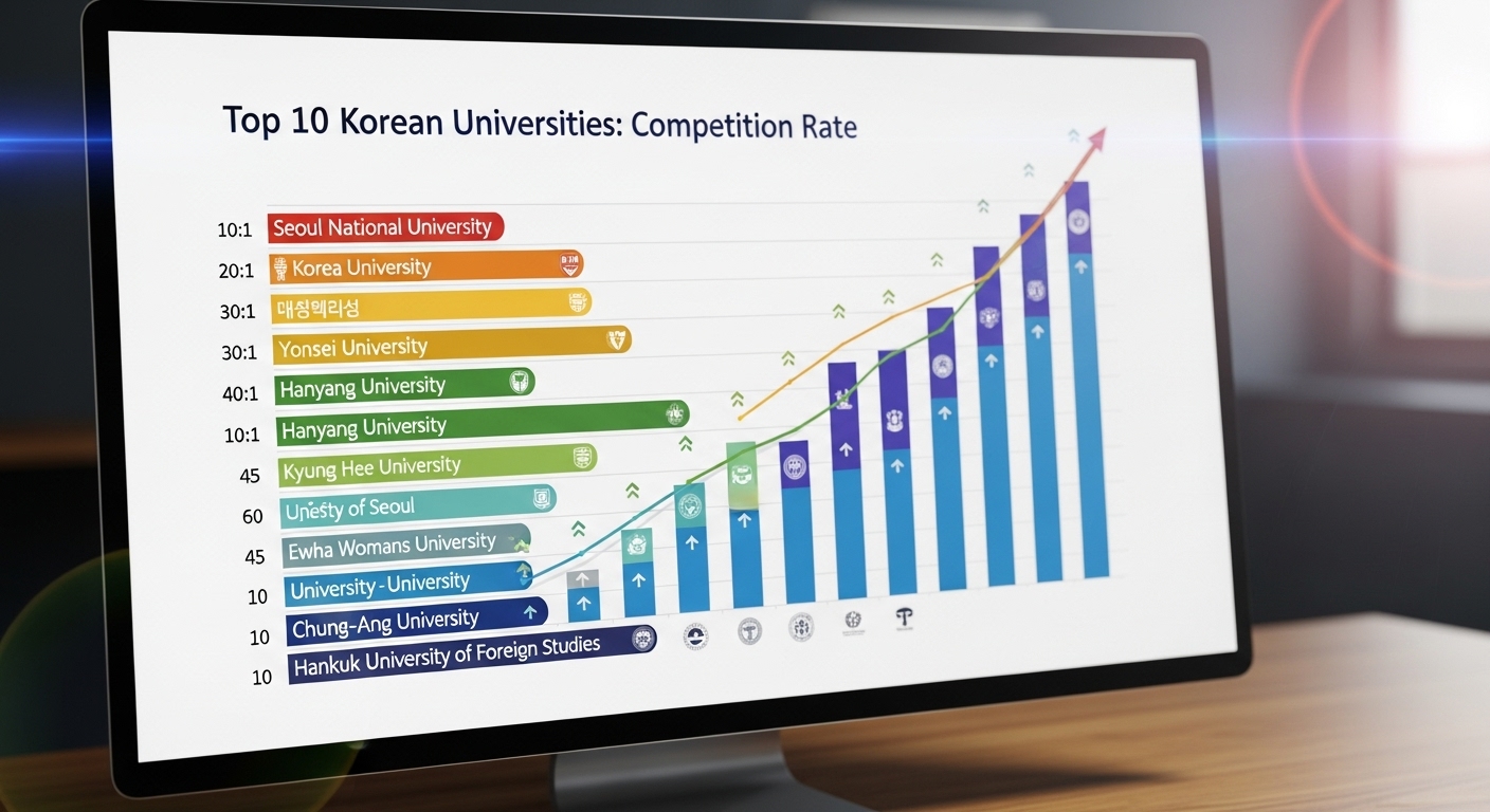 높은 경쟁률을 기록한 상위 10개 한국 대학의 디지털 차트