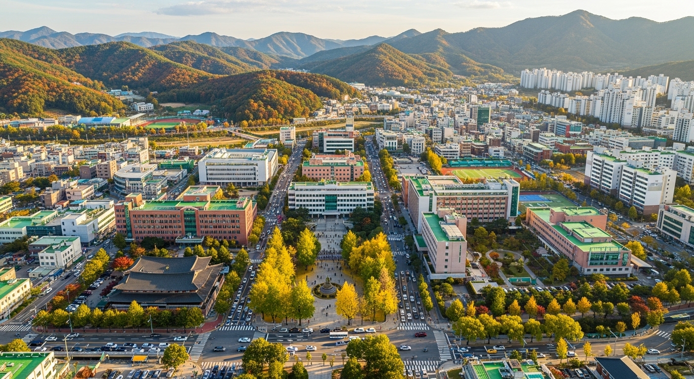 지방에 위치한 주요 대학 캠퍼스가 강조된 한국 시골 도시의 항공 뷰