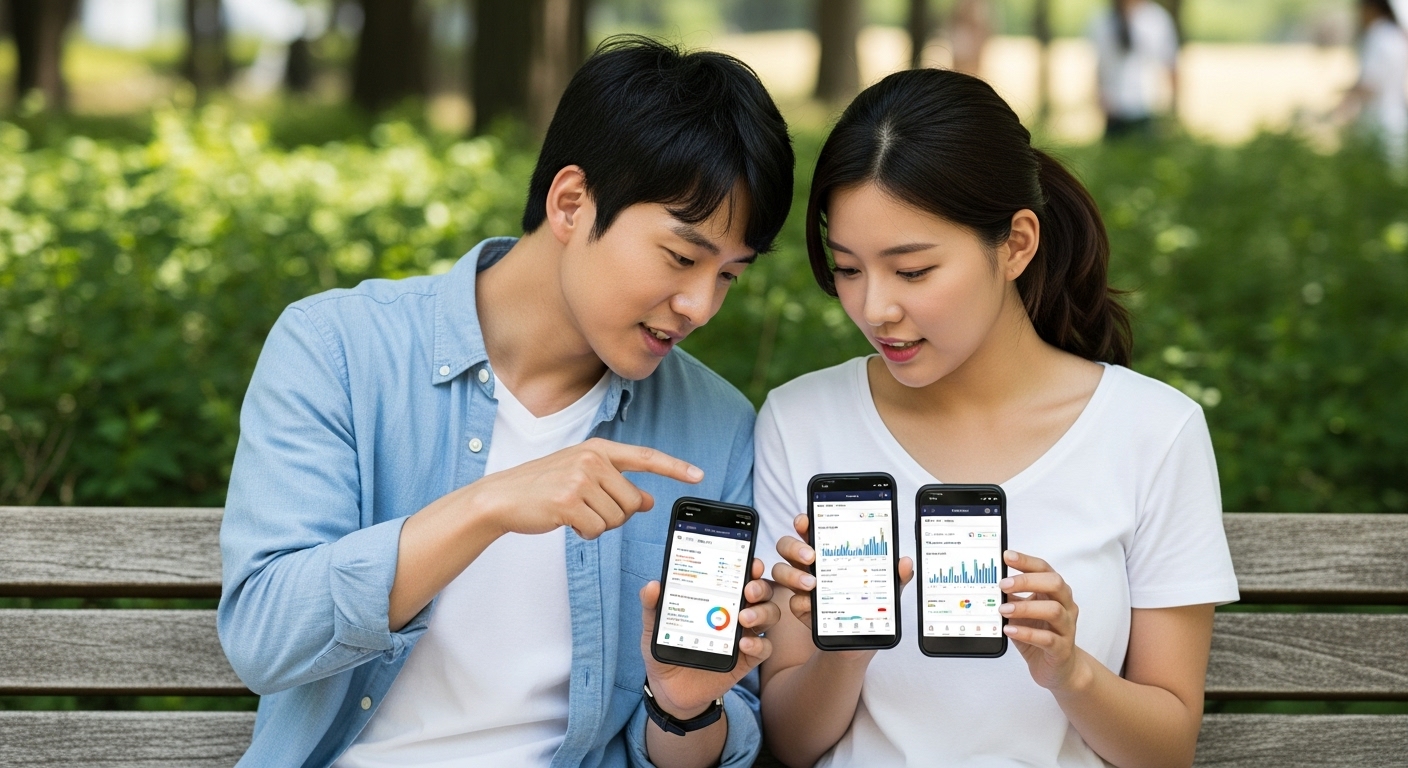 젊은 커플이 공원 벤치에서 금융 앱 챌린지를 함께 수행하는 모습