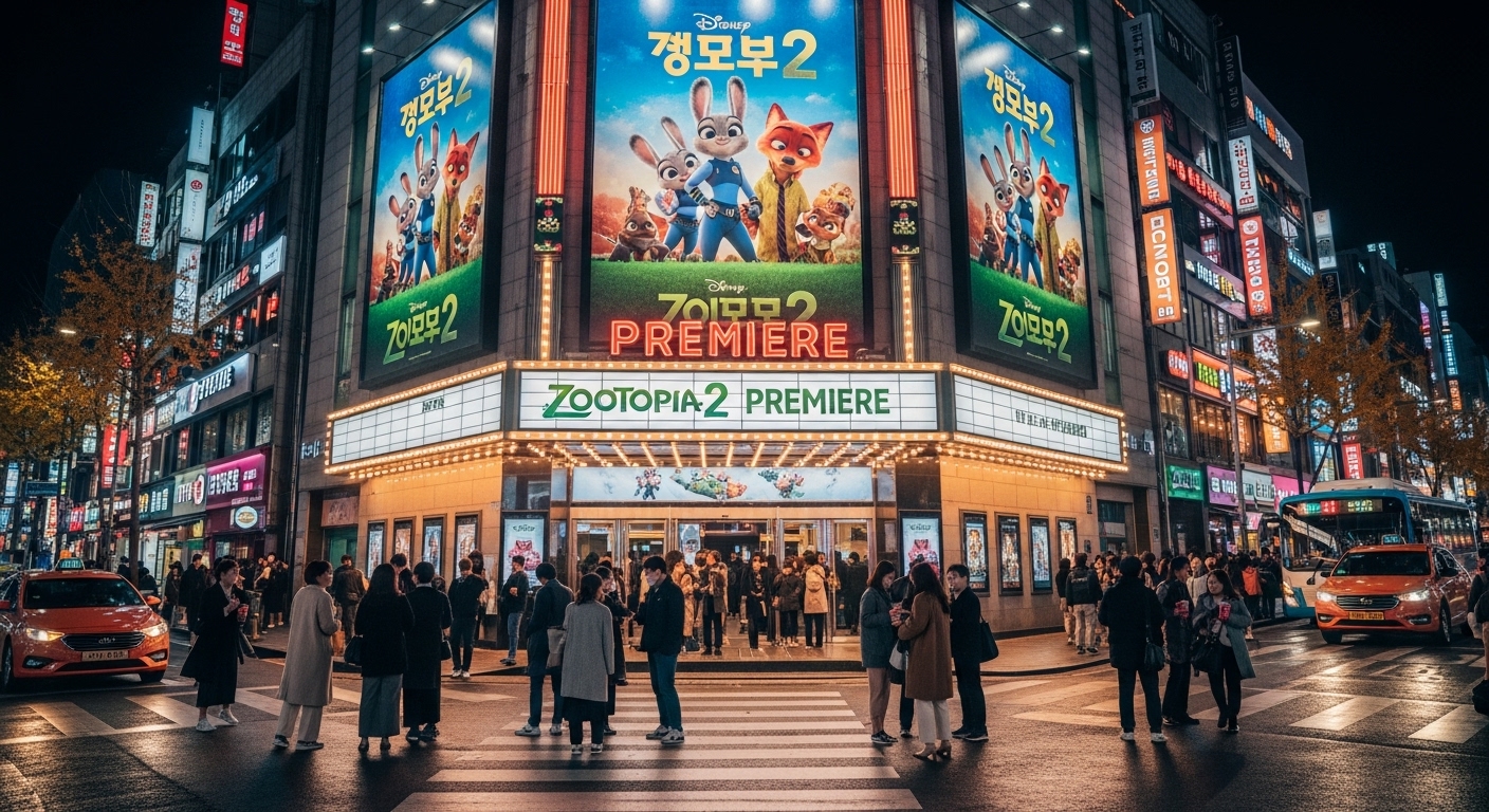 영화 '주토피아 2' 개봉으로 북적이는 한국 영화관의 밤 풍경