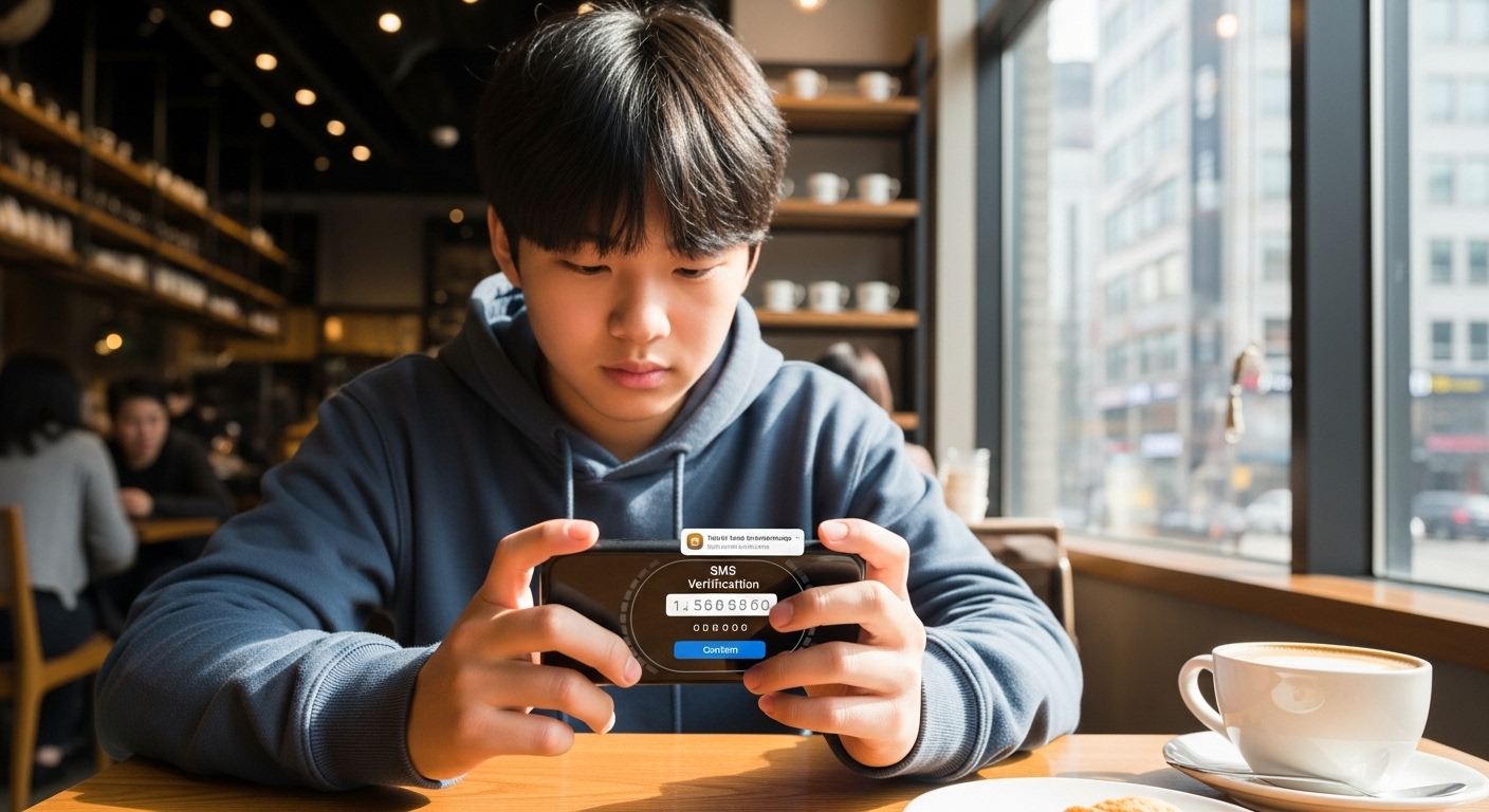 도심 카페에서 스마트폰으로 SMS 인증 중인 청소년