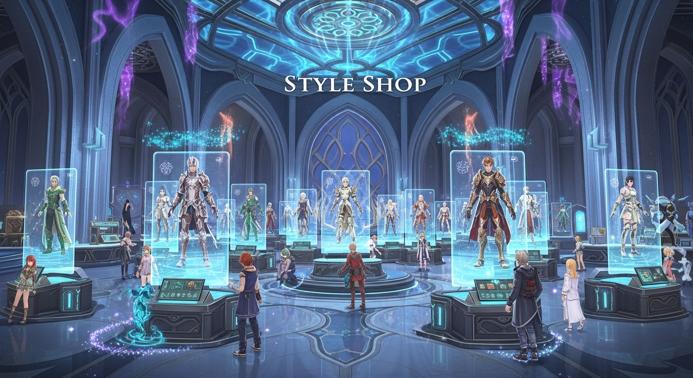 AION2 스타일샵에서 사용자 생성 캐릭터 스타일을 전시하는 가상 마켓플레이스 모습
