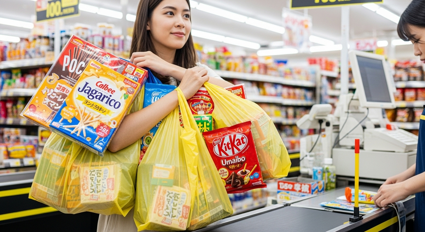 저렴한 간식을 여러 봉지 들고 계산대에 서 있는 쇼핑객 모습