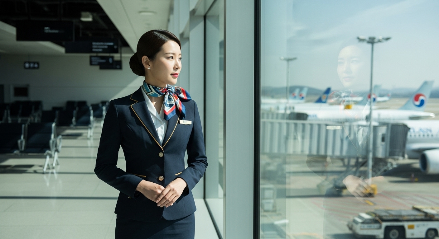 공항 터미널에서 비행기 배경으로 생각에 잠긴 승무원