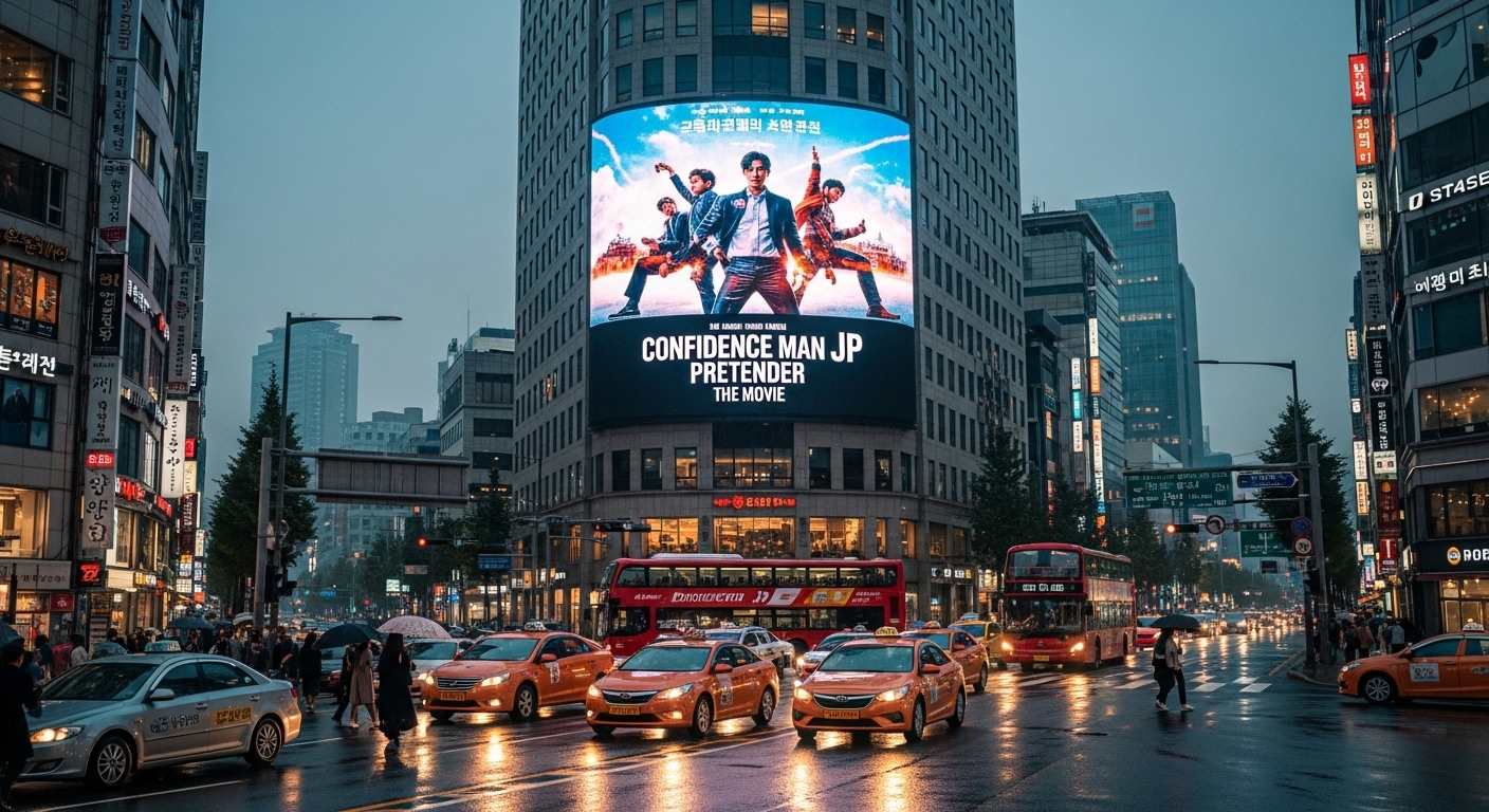 서울 시내 전자 빌보드에서 영화 '컨피던스맨 JP'와 함께 '프리텐더' OST가 재생되는 장면