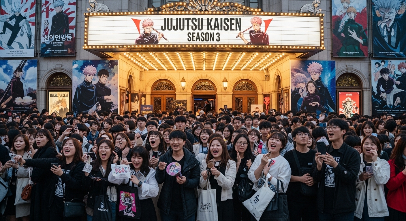 애니메이션 팬들이 극장 앞에서 주술회전 시즌3 포스터를 배경으로 모여 있는 모습