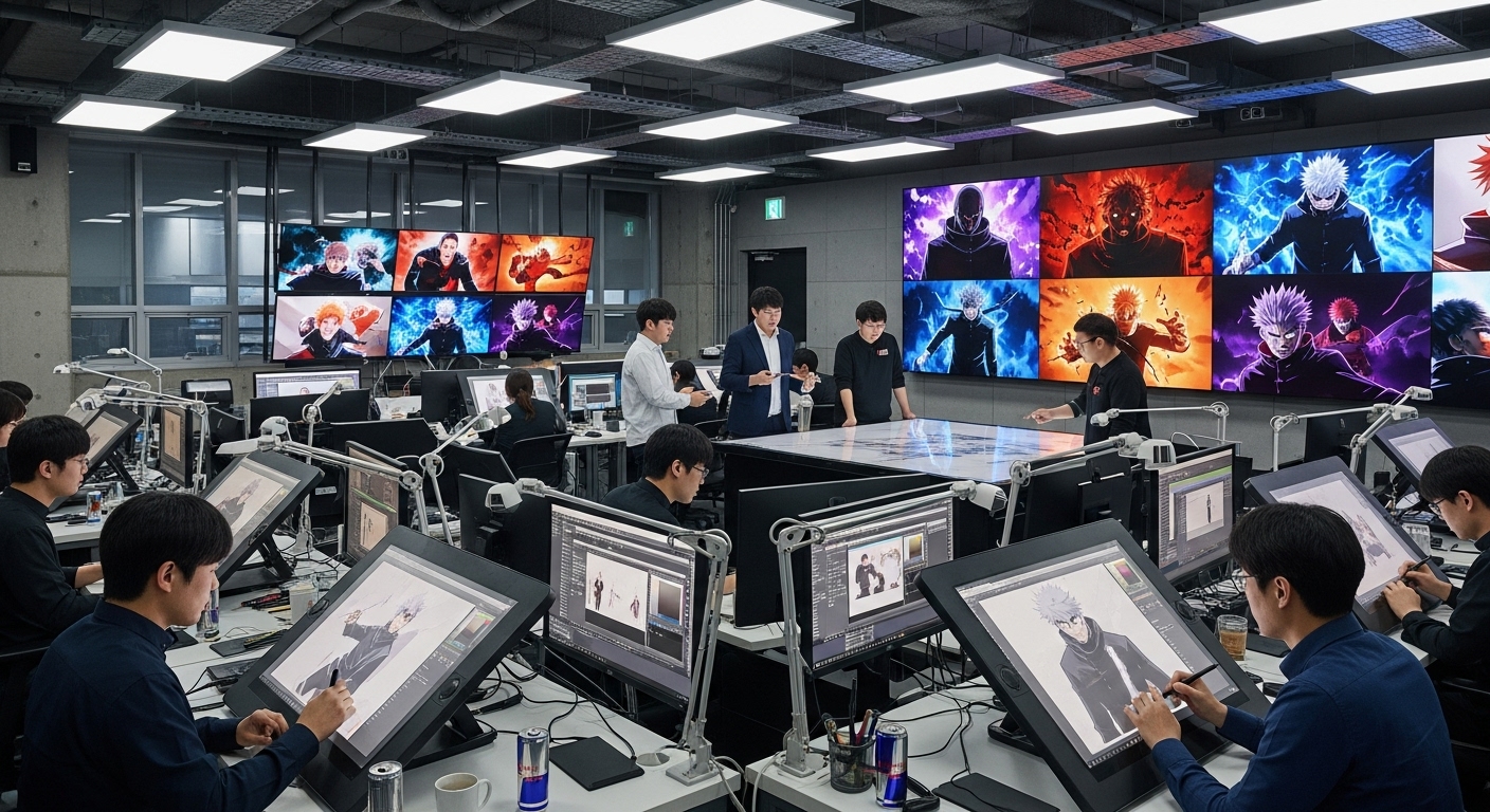 고급스러운 애니메이션 스튜디오에서 주술회전 작업 중인 한국인 애니메이터들