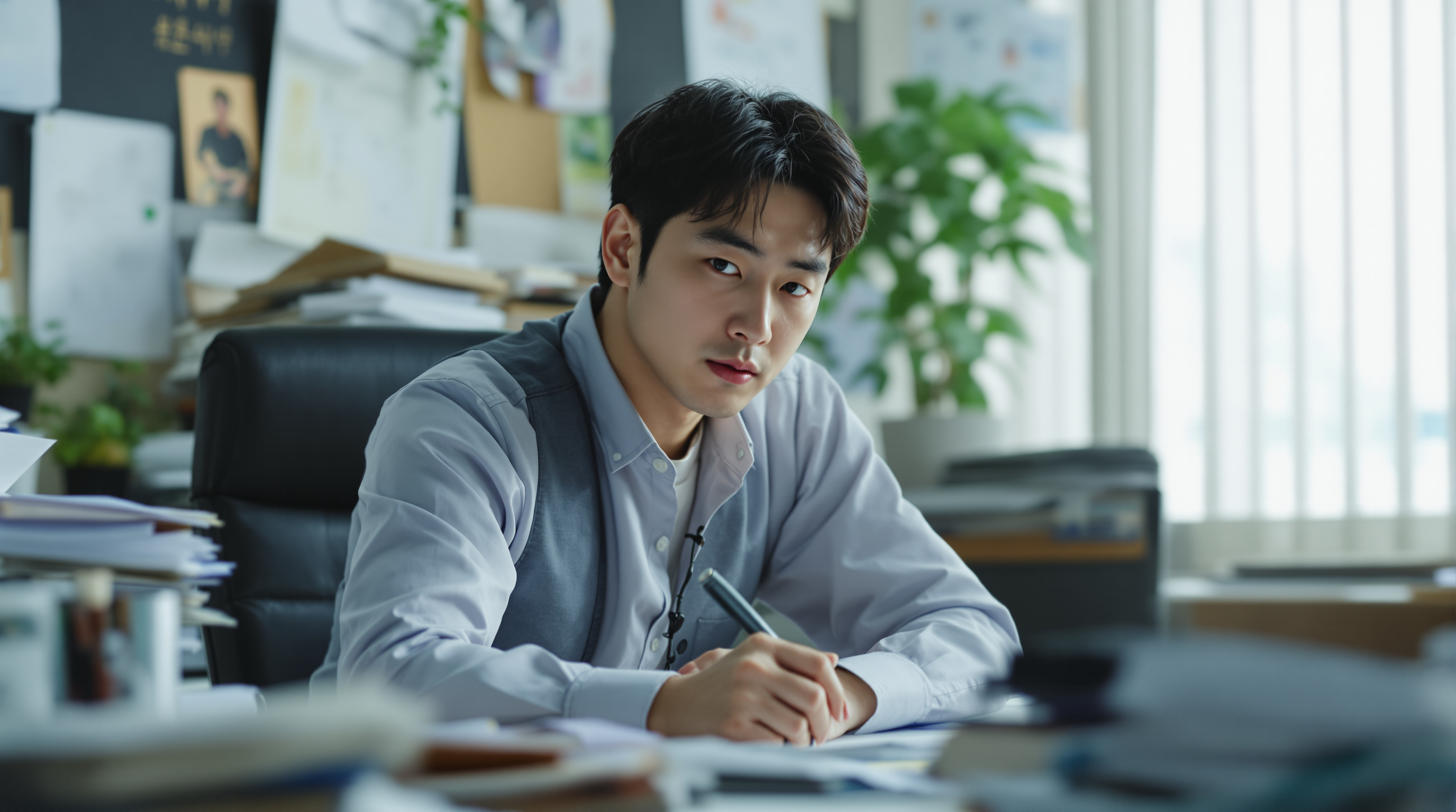 기자 역할의 박서준이 서류와 컴퓨터로 가득한 사무실 책상에 앉아 집중하는 모습