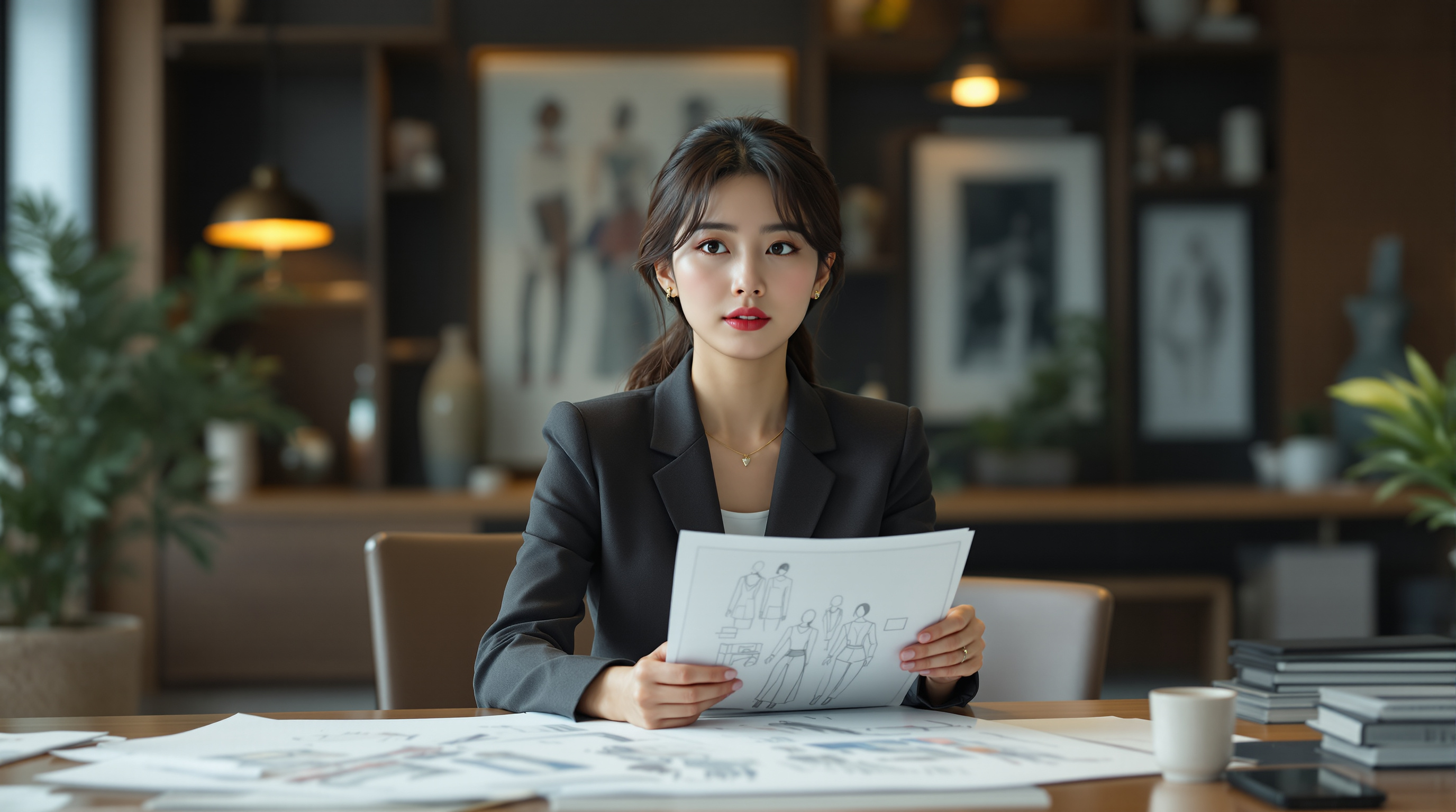 세련된 사무실에서 패션 스케치를 들고 있는 원지안의 사업가 역할