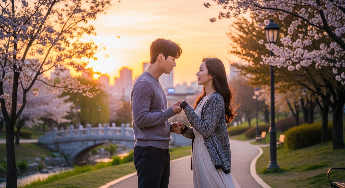도시 공원의 아름다운 석양 아래 첫사랑 재회를 연기하는 두 한국 배우들의 로맨틱한 장면