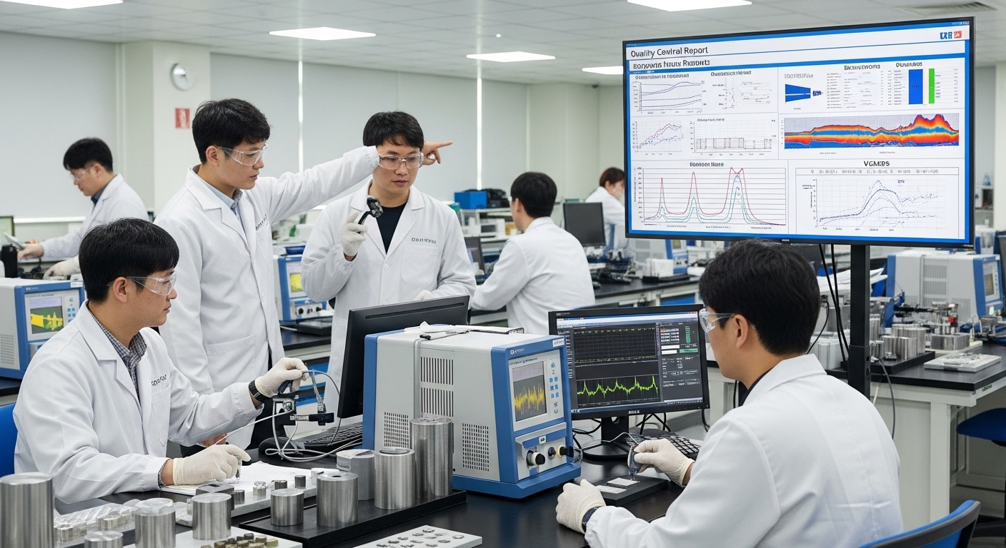 다양한 경도를 분석하는 한국 엔지니어들이 있는 산업 실험실